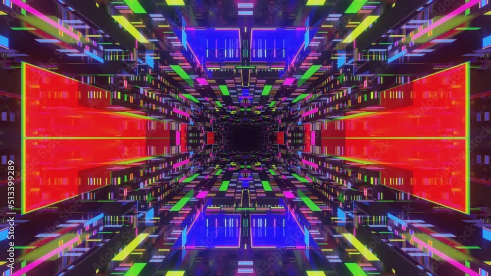 Poster 4k seamless looped animation. Fly through mirror symmetrical tunnel with neon pattern, sci fi glow pattern. Bright reflection neon light. Simple bright background, sci fi structure