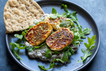Aubergine and yogurt dip with halloumi and zaatar mix