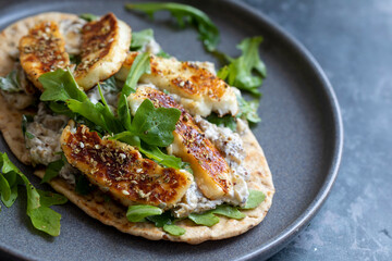 Aubergine and yogurt dip with halloumi and zaatar mix