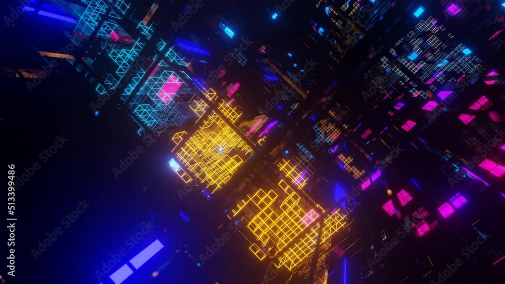 Poster abstract frames and boxes. fly through technology cyberspace with neon glow. sci-fi flight through h