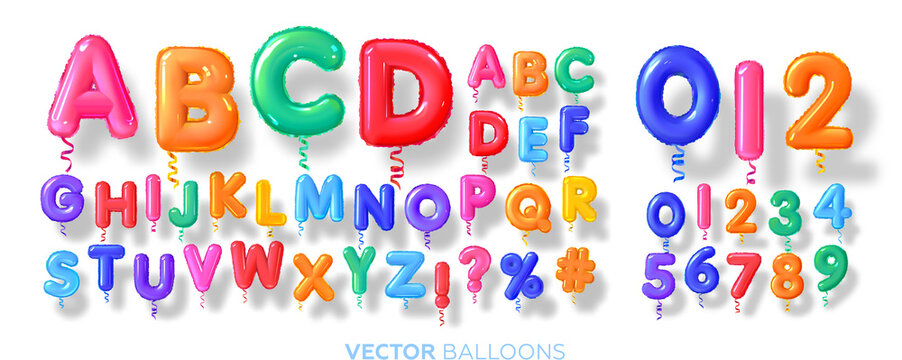 English letters and numbers Balloons. Alphabet helium balloons 3d. Multi-colored plastic, glossy. For children's themes and holidays. Realistic set. Letters from A to Z. Vector illustration.