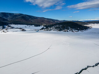 Aerial view of Batak Reservoir covered with ice, Bulgaria