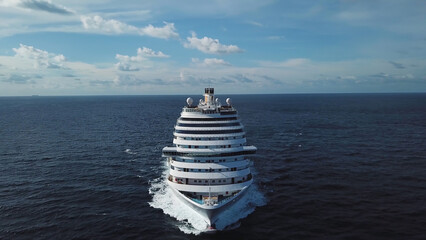 Stunning aerial view of the cruise ship in open water, front view. Stock. Front part of an anchored...