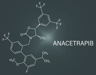 Fototapeta premium Anacetrapib hypercholesterolemia drug molecule. CETP or cholesterylester transfer protein, inhibitor for the treatment of elevated cholesterol levels. Skeletal formula.
