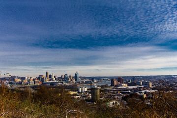 Cincinnati, Ohio seen after a light snow from Devou Park, Kentucky