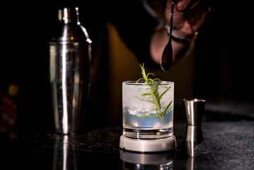 bartender preparing Gin Tonic drink with cherry and ice
