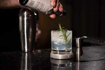 bartender preparing Gin Tonic drink with cherry and ice
