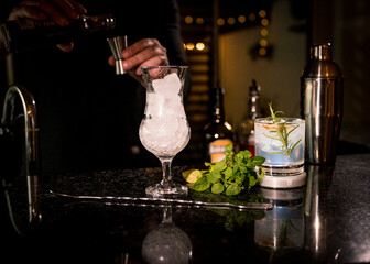 bartender preparing Gin Tonic drink with cherry and ice
