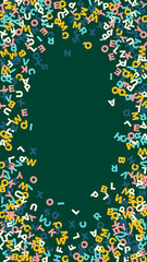 Falling letters of English language. Pastel flying words of Latin alphabet. Foreign languages study concept. Magnificent back to school banner on blackboard background.