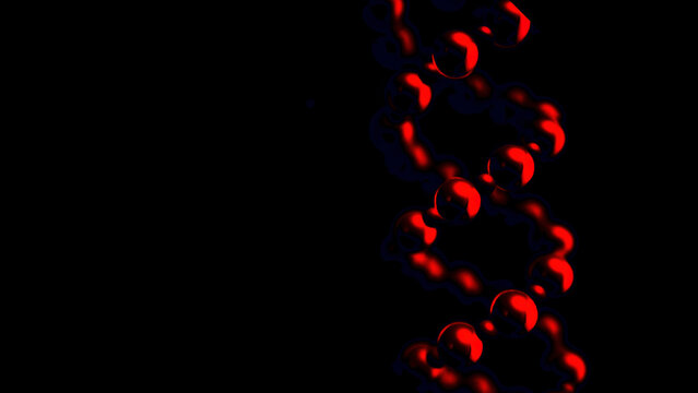 Abstract DNA double helix of dark red color rotating on black background, seamless loop. Animation. Concept of futuristic science and medicine.