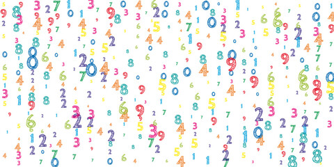 Falling colorful orderly numbers. Math study concept with flying digits. Brilliant back to school mathematics banner on white background. Falling numbers vector illustration.