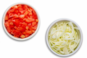 Mise en place of Tomato and onion top view on white background