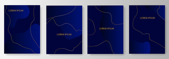 Set collection of modern blue gradient backgrounds with golden lines