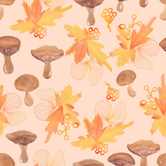 Fototapeta na wymiar watercolor mushrooms and autumn leaves vector seamless pattern