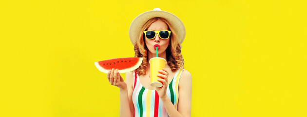 Summer portrait of stylish woman drinking juice with fresh slice of watermelon looking away wearing...