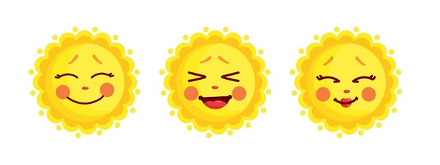 Set of bright characters, positive sun. Cartoon vector graphics.