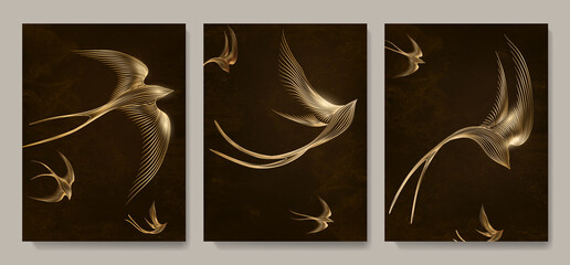 Framed poster Dark art background with golden swallows in line style. Hand drawn pattern with birds for wallpaper, print, decor, interior design