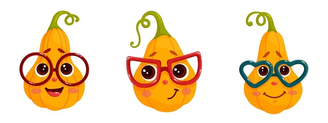 Set of autumn pumpkins.Colorful funny characters with glasses for Halloween holiday.Cartoon vector graphics.