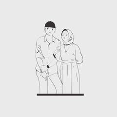 graphic art flat doodle couple, woman, man, lover, love, Muslim, married. Hand drawn contour drawing isolated on a white background