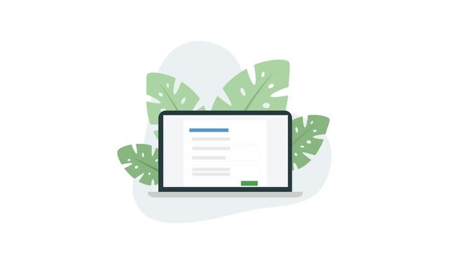 Submit form online submission, laptop computer,  decorated with leaves video animation.