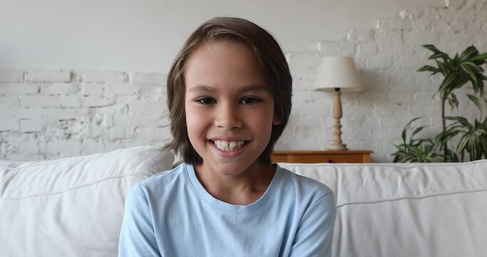 Happy preteen gen Z school boy talking on video call, waving hand hello, looking and speaking at camera, sitting on couch in living room. Screen view, head shot portrait. Distant communication concept