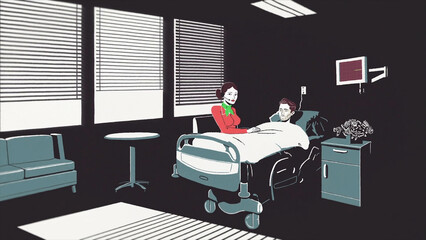 Animated cartoon with a dying man lying on a bed in the hospital and a woman sitting beside. Stop of heart beating of a young man on the EKG monitor in hospeace, illness and death concept.
