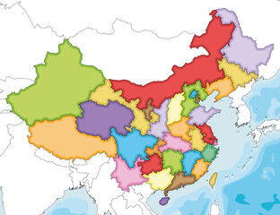Vector illustrated blank map of China with provinces, regions and administrative divisions, and neighbouring countries. Editable and clearly labeled layers.
