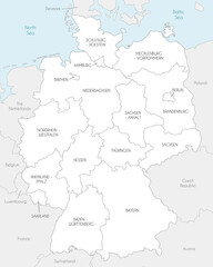 Vector map of Germany with federated states or regions and administrative divisions, and neighbouring countries. Editable and clearly labeled layers. - obrazy, fototapety, plakaty