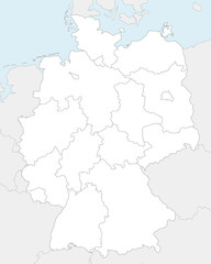 Vector blank map of Germany with federated states or regions and administrative divisions, and neighbouring countries. Editable and clearly labeled layers. - obrazy, fototapety, plakaty