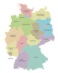 Vector map of Germany with federated states or regions and administrative divisions. Editable and clearly labeled layers.