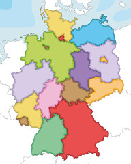 Fototapeta premium Vector illustrated blank map of Germany with federated states or regions and administrative divisions, and neighbouring countries. Editable and clearly labeled layers.