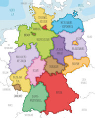 Fototapeta na wymiar Vector illustrated map of Germany with federated states or regions and administrative divisions, and neighbouring countries. Editable and clearly labeled layers.