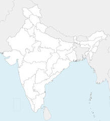 Vector blank map of India with states and territories and administrative divisions, and neighbouring countries. Editable and clearly labeled layers.