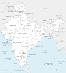 Vector map of India with states and territories and administrative divisions, and neighbouring countries. Editable and clearly labeled layers.
