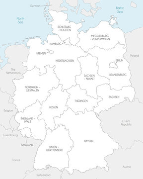 Vector map of Germany with federated states or regions and administrative divisions, and neighbouring countries. Editable and clearly labeled layers.