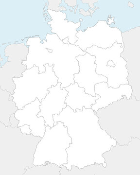 Vector blank map of Germany with federated states or regions and administrative divisions, and neighbouring countries. Editable and clearly labeled layers.