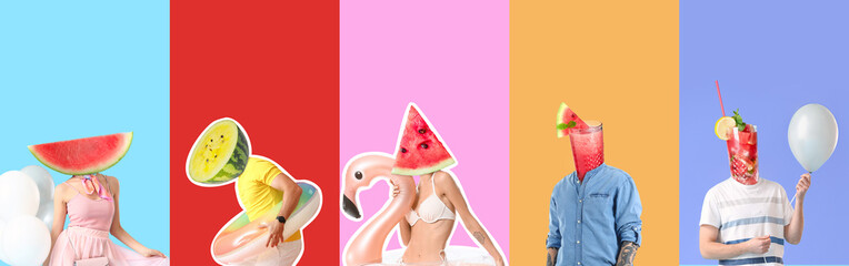 Group of people with ripe watermelon and cold cocktail instead of their heads on color background with space for text