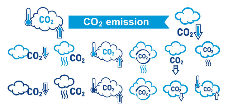 CO2 Emission Reduction, Carbon Dioxide Greenhouse Gas Reduce Line Icon Set. Low Carbonic Smoke Air Pollution. Smog Cloud, Combustion Product. Atmosphere Contamination. Global Climate Warming. Vector  