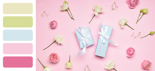 Composition with gift boxes and flowers on pink background. Different color patterns