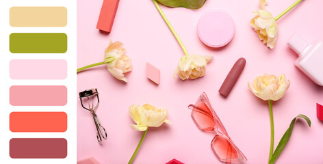 Flowers, cosmetics and accessories on pink background. Different color patterns