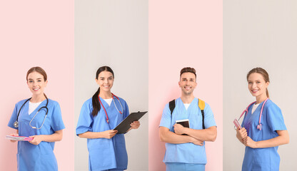 Set of medical students on colorful background