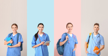 Set of medical students on colorful background