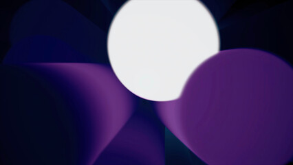 Close up for abstract rotating core with volume rays of different length, seamless loop. Abstract spinning animation of 3D sphere with blue, purple figures - columns, isolated on black background.