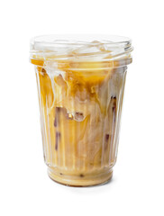 Glass of cold brew coffee with milk on white background