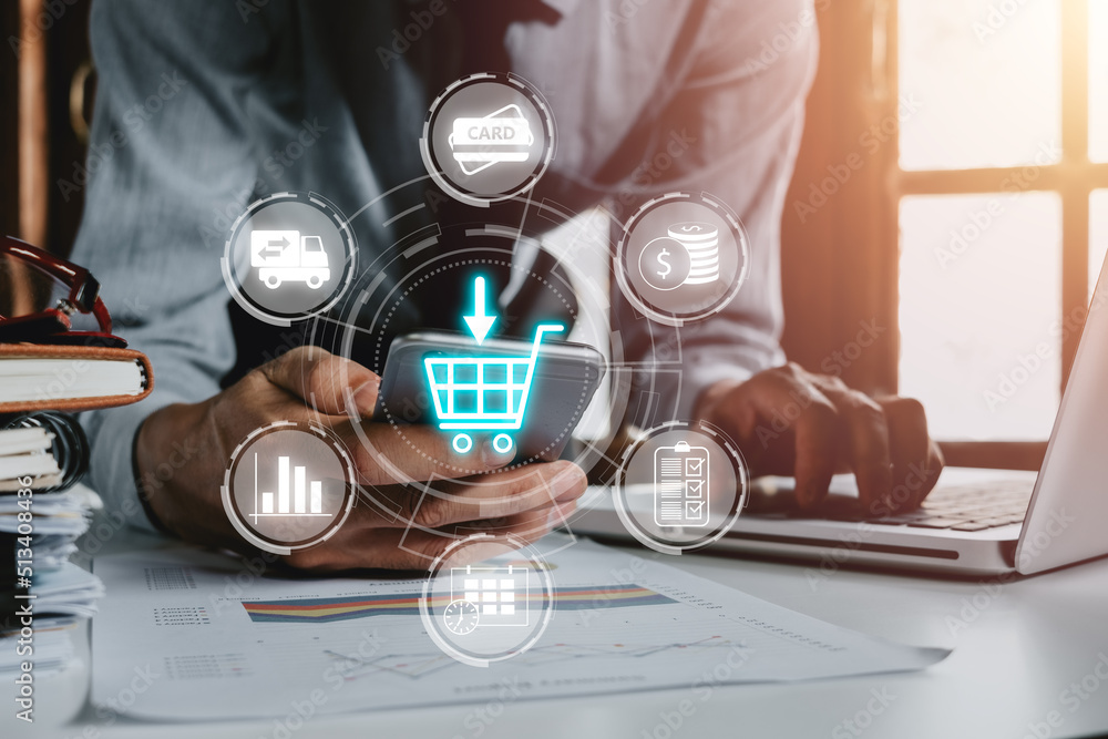 Poster add to cart internet web store buy online e-commerce concept, person hand using smart phone with sho