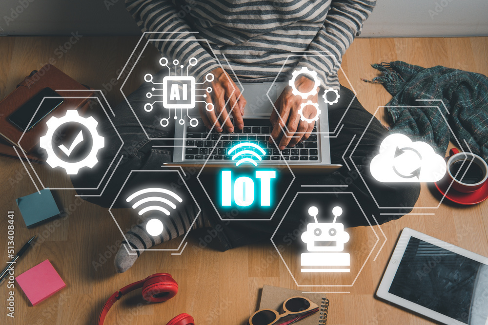 Aufkleber iot internet of things, person hand using laptop computer with vr screen internet of things icon bac