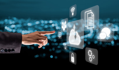 Woman hand touching cloud computing icon on VR screen, Cloud computing concept, Backup Storage Data Internet, networking and digital, Share global, technology concept.