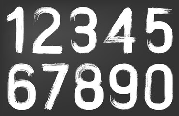 Handdrawn chalk number grunge white silhouette set. Educational school blackboard doodle kid typeface hipster paint dry typography numeral scrapbook sticker draw texture graffiti isolated on board