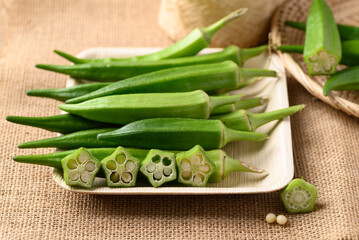 Green okra or ladies fingers (Edible green seed pods), Organic vegetables from local farmer market