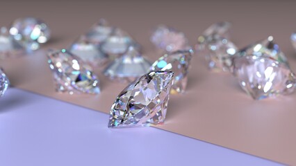 Shiny Diamonds on sky pink-purple surface background. Concept image of luxury living, expensive things and high added value. 3D CG. High resolution.